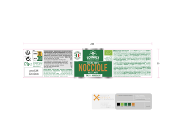 Tylna etykieta zielonego słoika ECONOCE 100% Krem z orzechów laskowych 175g, z informacjami o składzie BIO.