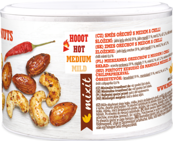 Biała puszka Mixit z pieczonymi orzechami nerkowca, migdałami, chili i napisem 'HOT'. Widok z boku.