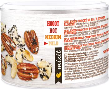 Mixit, prażone nerkowce i pekany z sezamem i solą, wysypane z puszki. Widoczna etykieta z poziomem łagodności.