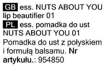 Etykieta Essence Nuts About You lip beautifier 01. Widoczny opis pomadki do ust z połyskiem w PL i GB.