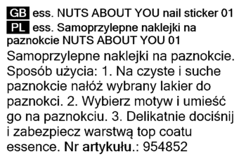 Etykieta złotych, świątecznych naklejek Essence NUTS ABOUT YOU 01 na paznokcie z instrukcją użycia.