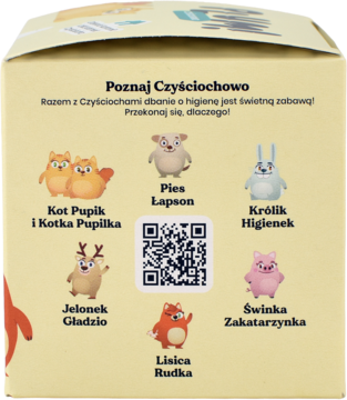 Tył opakowania kuli do kąpieli PURE z zabawką. Żółte pudełko z wizerunkami 6 zwierzątek Czyściochowo i QR kodem.