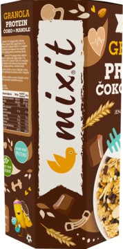 Mixit Granola Protein Czekoladowo-migdałowa, brązowe pudełko, widok pod kątem. Na boku białe logo Mixit.