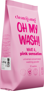 Różowy proszek do prania Clean@ang 'OH MY WASH!' 1.35 kg, uniwersalny, z przodu, napis 'pink sensation'.