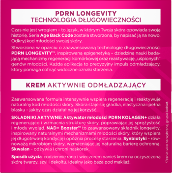 Różowa ulotka kremu Age Back Code PDRN Longevity, z tekstem o składnikach i działaniu produktu.