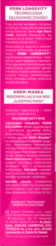 Różowe opakowanie kremu-maski na noc PORN LONGEVITY, tył z opisem produktu i składników po polsku.
