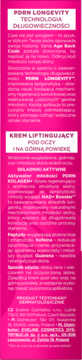 Różowa etykieta kremu pod oczy PORN LONGEVITY. Widok z przodu, tekst opisuje działanie liftingujące i składniki.