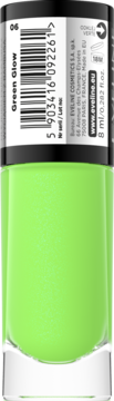 Neonowo zielony lakier do paznokci Eveline Green Glow 8ml w szklanej butelce, widok z przodu.