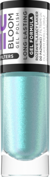 LUMI BLOOM GEL POLISH, iridescent light blue/teal, long-lasting, gel formula, close-up of bottle.