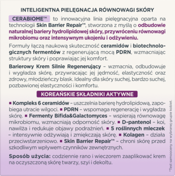 Fioletowy panel opisujący serię CERABIOME, z informacjami o regenerującym kremie i koreańskich składnikach aktywnych.