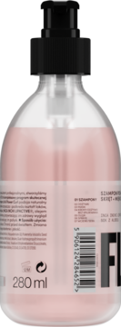 Tył przezroczystej butelki szamponu Floslek do włosów kręconych, z różowym płynem, czarną pompką i kodem EAN, 280 ml.
