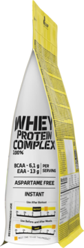 Angled view of white and yellow Olimp Whey Protein Complex 100% pouch with BCAA 6.1g, EAA 13g, aspartame-free.