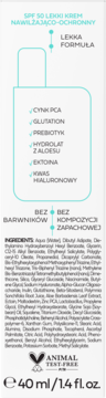 Biały krem SPF 50 nawilżająco-ochronny, tył opakowania z widocznym składem, Animal Test-Free, 40ml.