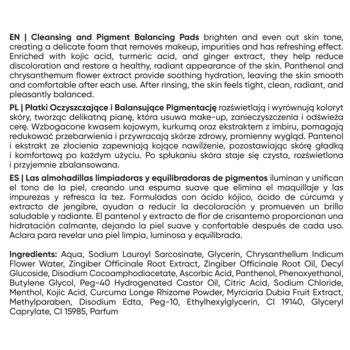 Tył opakowania płatków oczyszczających, tekst opisujący produkt i skład w trzech językach.