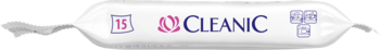 Białe opakowanie delikatnych chusteczek Cleanic z różowo-niebieskim logo i numerem 15, widok z przodu.