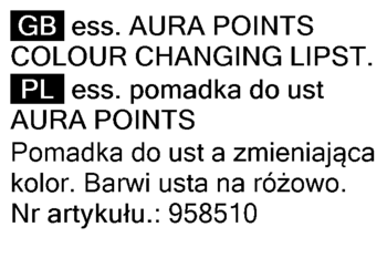 Etykieta Essence Aura Points Colour Changing Lipstick: opis w języku angielskim i polskim, nr artykułu 958510.