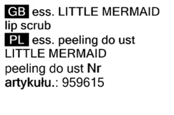 Tekst na etykiecie: Essence Disney The Little Mermaid lip scrub / peeling do ust, numer artykułu 959615.