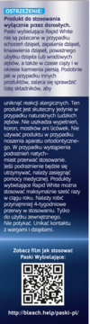 Panel z ostrzeżeniami i instrukcjami użycia pasków wybielających Rapid White, z QR kodem.
