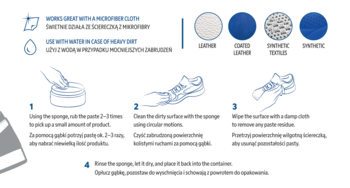 Instrukcja czyszczenia butów: 4 kroki użycia pasty, z ikonami materiałów i opisami w j. angielskim i polskim.