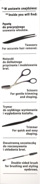 Zestaw narzędzi do brwi: pęseta do usuwania włosków, nożyczki, trymer i szczoteczka dwustronna.