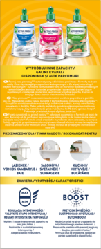 Trzy odświeżacze Active Fresh w butelkach: Cotton&Fresh Water, Cherry Blossom, Green Apple&Jasmine, rząd na żółtym tle.