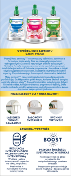 Trzy odświeżacze powietrza Active Fresh w przezroczystych butelkach z zielonymi nakrętkami, prezentujące trzy różne zapachy.