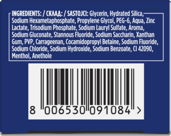 Tył opakowania pasty Oral-B Pro-Science Advanced Plaque Control z listą składników i kodem kreskowym na niebieskim tle.