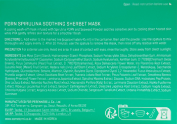 Tył ciemnozielonego opakowania PORN SPIRULINA SOOTHING SHERBET MASK, z listą składników i instrukcjami użycia.