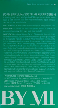 Tył zielonego opakowania By Mi PDRN Spirulina Soothing Repair Serum z białym tekstem, instrukcjami i składnikami.