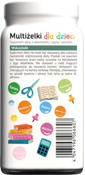 Tył białej butelki Multiżelki dla dzieci, suplementu z witaminami, rutyną i selenem, z kolorowymi grafikami.