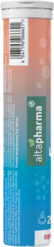 Pionowy widok tyłu tuby altapharma z suplementami musującymi, gradient od brzoskwini do błękitu, czytelny kod kreskowy.