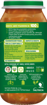 Tył słoiczka BoboVita z daniem dla niemowląt, zielona etykieta z białym tekstem, widoczny skład i certyfikaty.