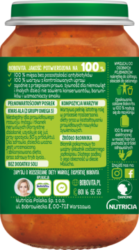 Tył słoiczka BoboVita z papką dla niemowląt. Zielone wieczko, etykieta z informacjami o Omega 3 i błonniku.