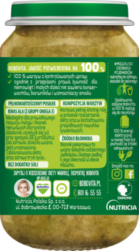 Tył słoiczka BoboVita dla niemowląt, zielona etykieta z tekstem o 100% warzyw, kwasie ALA i błonniku.