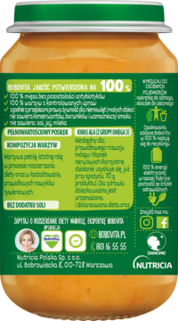 Tył słoiczka BoboVita z zieloną etykietą, widoczne obietnice 100% jakości, warzyw i brak soli, konserwantów.