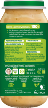 Tył słoiczka Bobovita. Zielona etykieta z informacjami: 100% jakości, pełnowartościowy posiłek, Omega 3, błonnik.