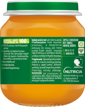 Tył słoiczka BoboVita, pomarańczowe puree warzywne dla niemowląt, zielona etykieta, bez dodatku soli.