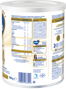 Tył puszki Bebiko NUTRIflor PRO+ 4, mleka modyfikowanego, z tabelą wartości odżywczych i opisem składników.