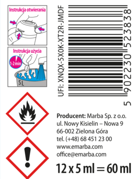 Biała etykieta płynu Marba 60 ml. Widoczne instrukcje użycia, kod UFI, piktogramy: łatwopalny, drażniący.