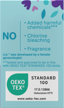 Reklama tamponów o.b.®, podświetlająca brak szkodliwych chemikaliów, chloru i zapachu. Widoczne logo OEKO-TEX.