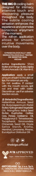 Etykieta THE BIG O cooling balm do seksu oralnego. Widoczne składniki, opis stosowania, PETA Approved, wegański.