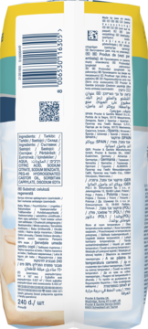 Tył opakowania produktu z kodem kreskowym, listą składników, kodem QR i wielojęzycznymi informacjami.