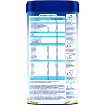 Tył opakowania mleka początkowego Humana 1 z tabelą żywieniową i instrukcją przygotowania.