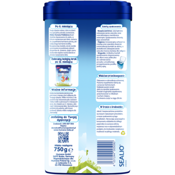 Tył niebiesko-białego opakowania mleka dla niemowląt Humana PROBALANCE 750g z polskim opisem składników.