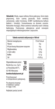 Tył szklanej butelki Kombuchy by Laurent 750ml z białą etykietą, widoczna lista składników, wartości odżywcze i kod kreskowy.