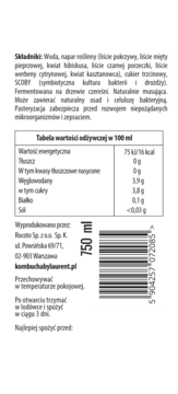 Kombucha Laurent Julia 750ml, tył etykiety z listą wegańskich składników i tabelą wartości odżywczych.