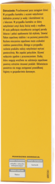 Tył żółtego opakowania produktu z długim tekstem ostrzegawczym i szczegółowymi ikonami segregacji odpadów po polsku.
