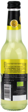 Tył butelki bezalkoholowego Limoncello Spritz 300ml, z etykietą, kodem kreskowym i zielonym logo bio UE.