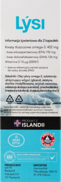Boczna ścianka opakowania Lýsi Omega-3 Perełki, niebiesko-biała, z informacjami żywieniowymi i flagą Islandii.