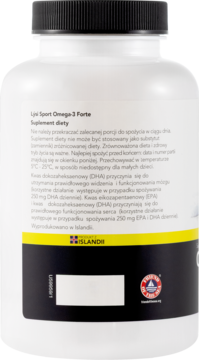 Lsi Sport Omega-3 Forte, tył białej butelki suplementu z etykietą opisującą działanie DHA i EPA dla aktywnych.